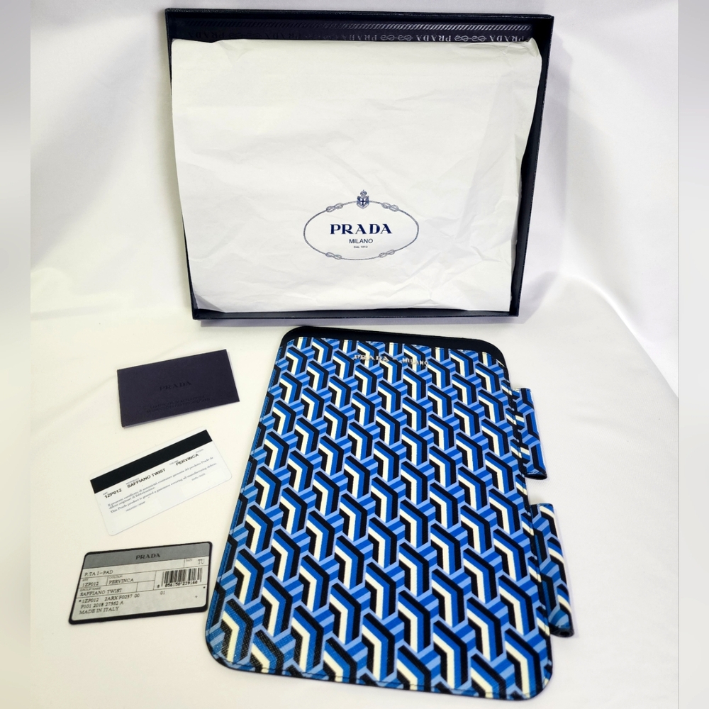 Prada Blue Geometric Saffiano leather iPad tablet Case NEW
